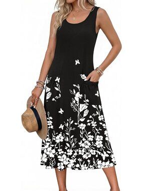 Women's Black White Floral Crewneck Midi Summer Sleeveless Dress Beach Sundress